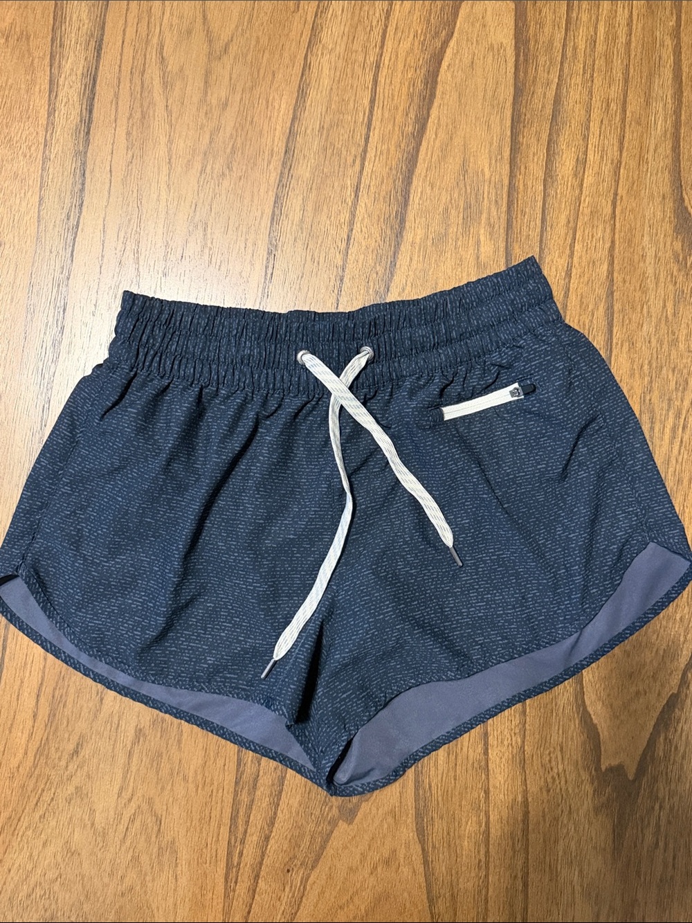Vuori Navy & Gray Athletic Drawstring Shorts with Zip Pocket